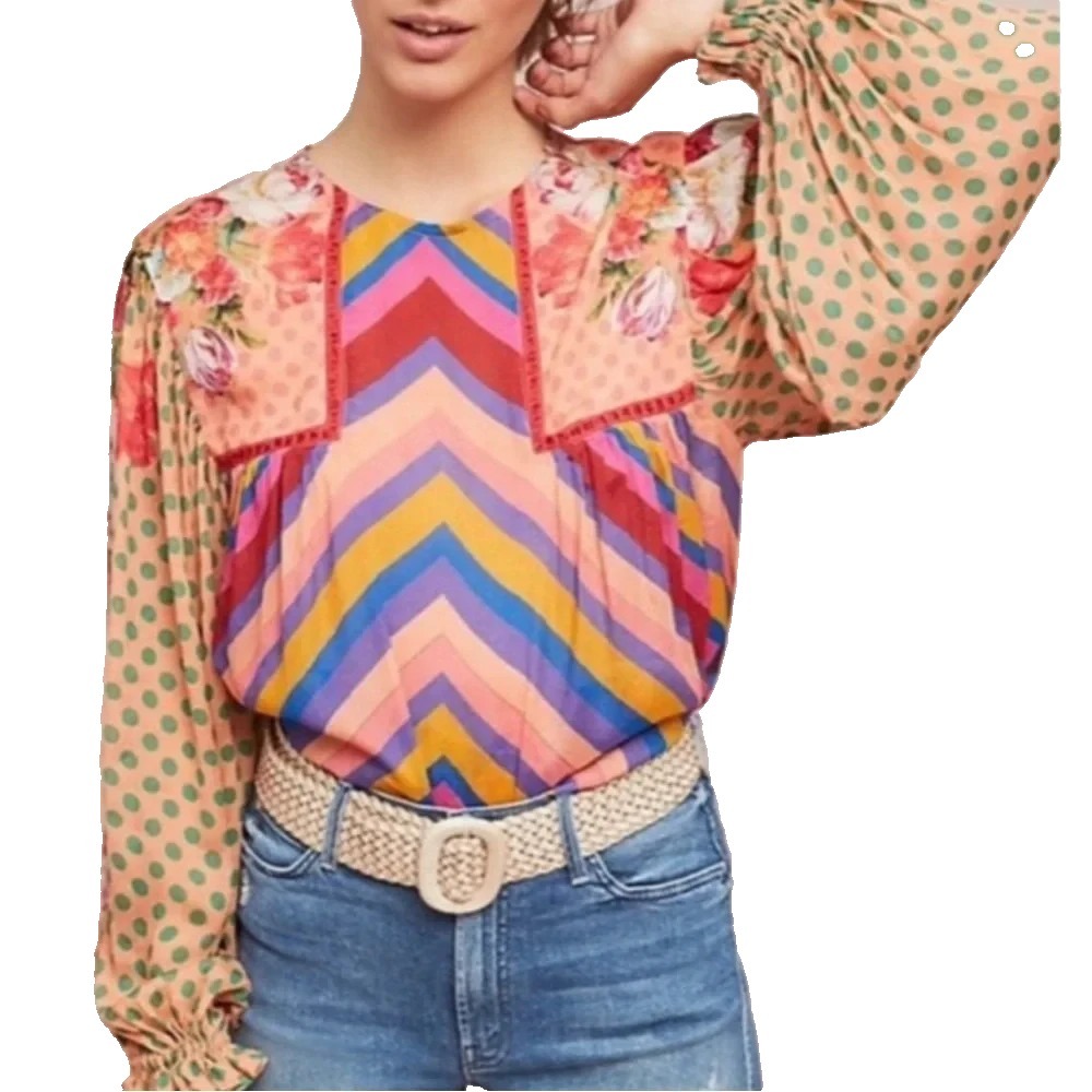 Anthropologie Blank London Small Top Miranda Mixed Print Long Sleeve Flowy